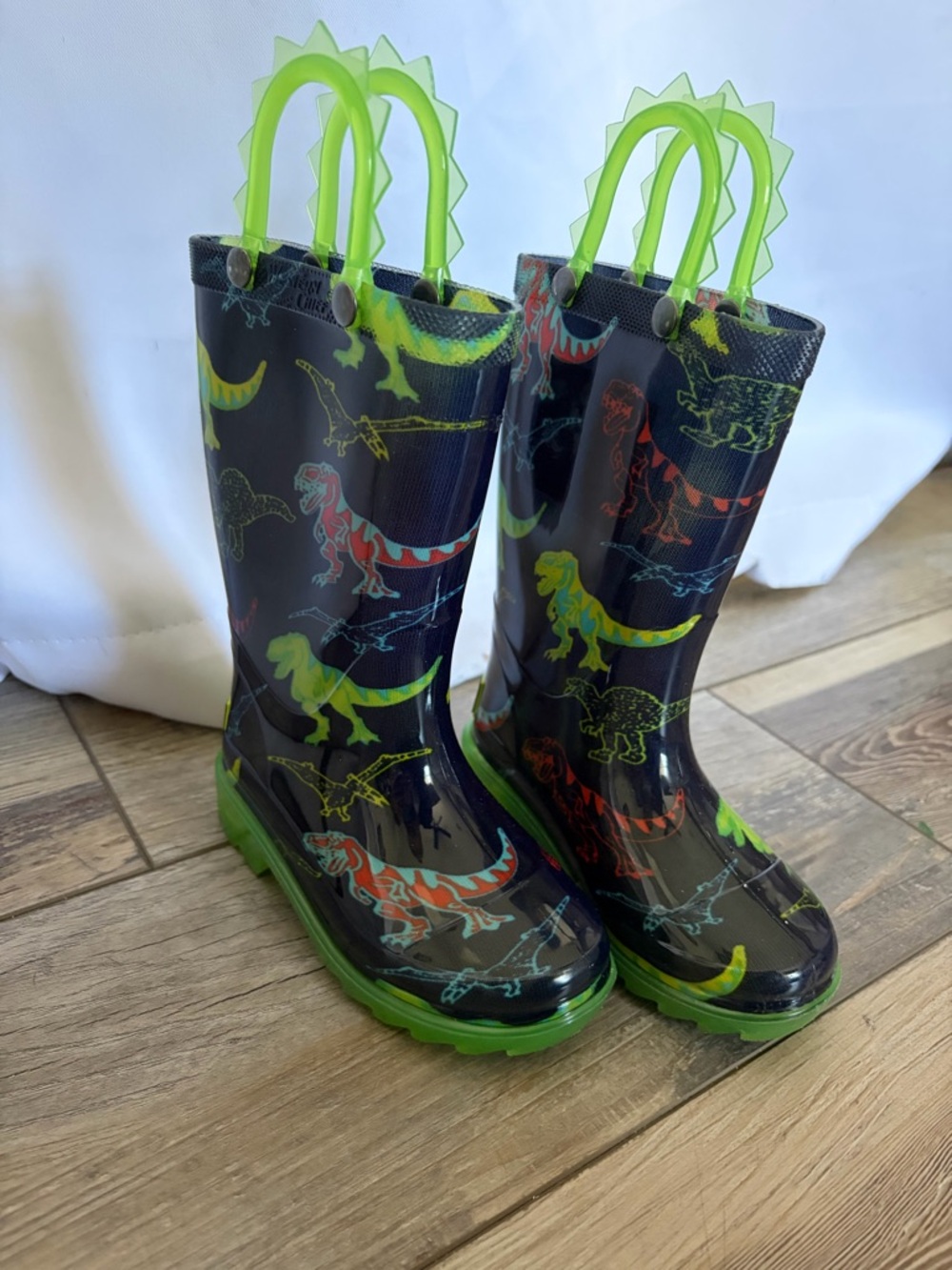 toddler Navy Dinosaur Rain Boots with Neon Green Handles and lights